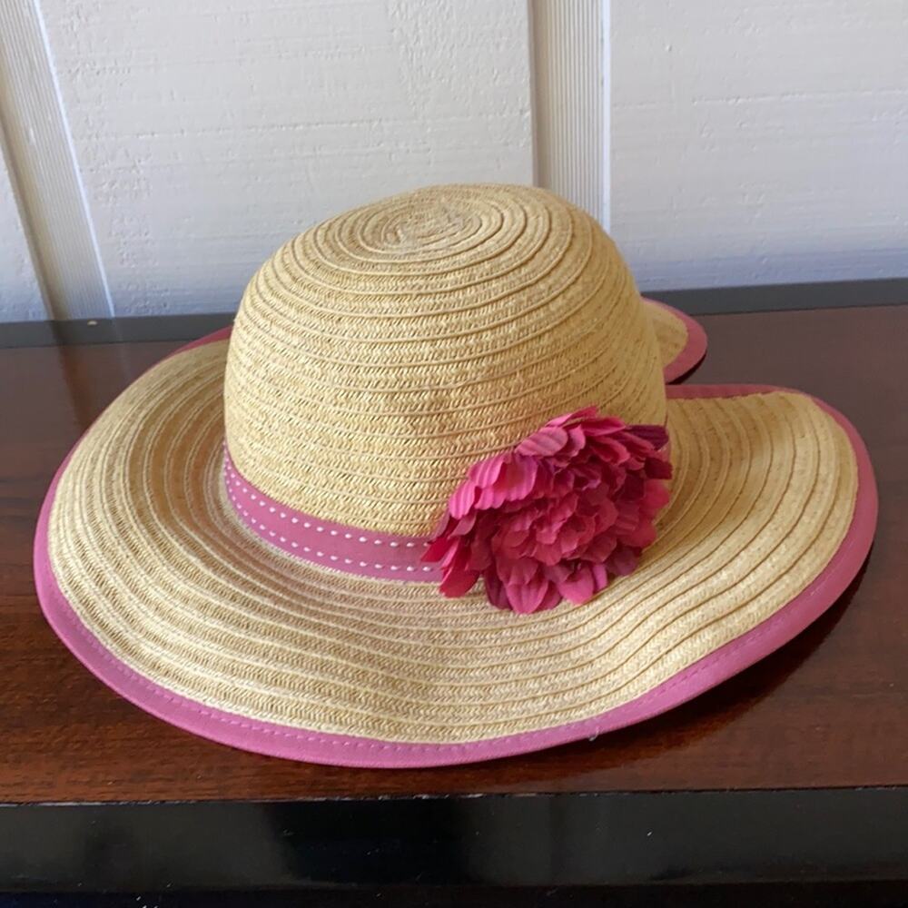 Natural Paper Straw Garden Sun Hat‎ Pink Ribbon Band & Edge, Flower